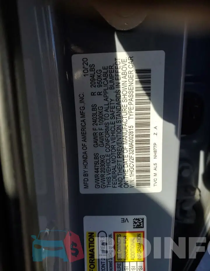 1HGCV2F32MA002815 Photo# 12