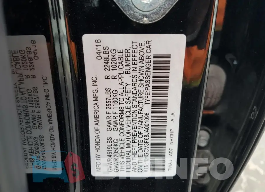1HGCV3F68JA001096 Photo# 12