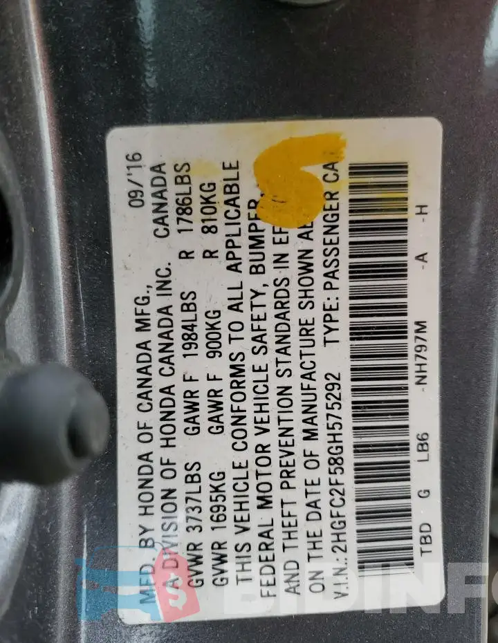 2HGFC2F58GH575292 Photo# 12