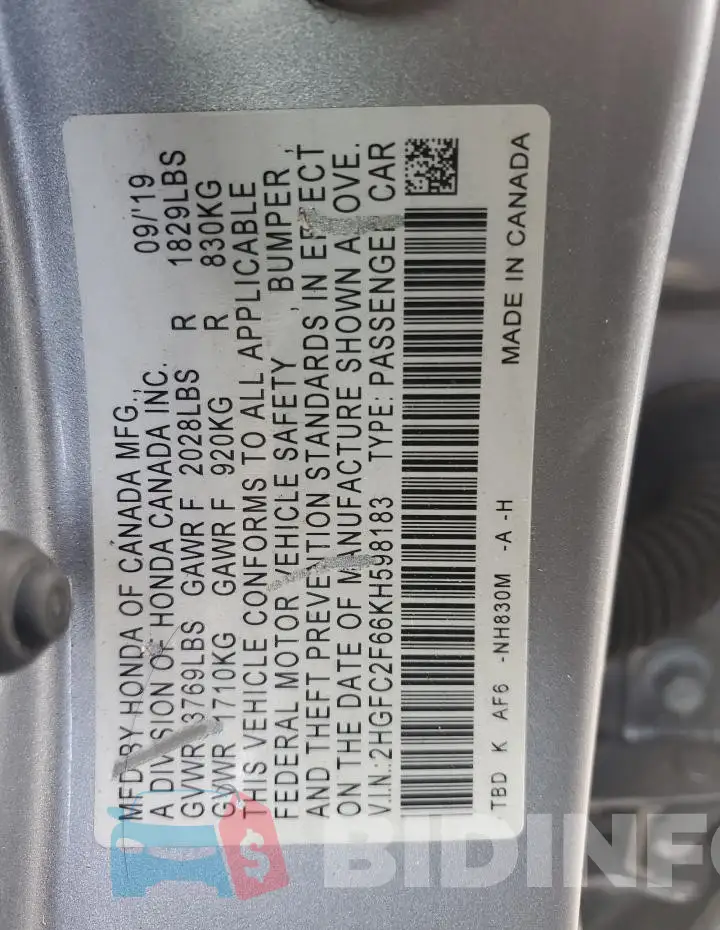 2HGFC2F66KH598183 Photo# 13