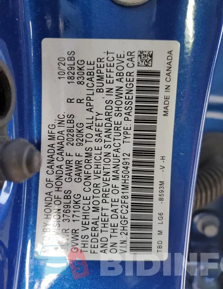 2HGFC2F81MH504912 Photo# 13