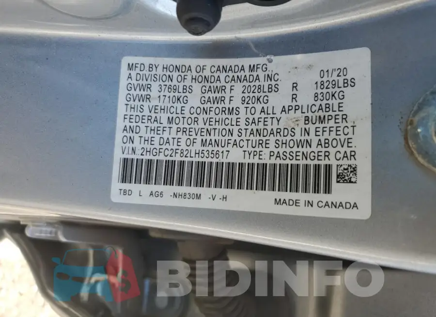 2HGFC2F82LH535617 Photo# 12