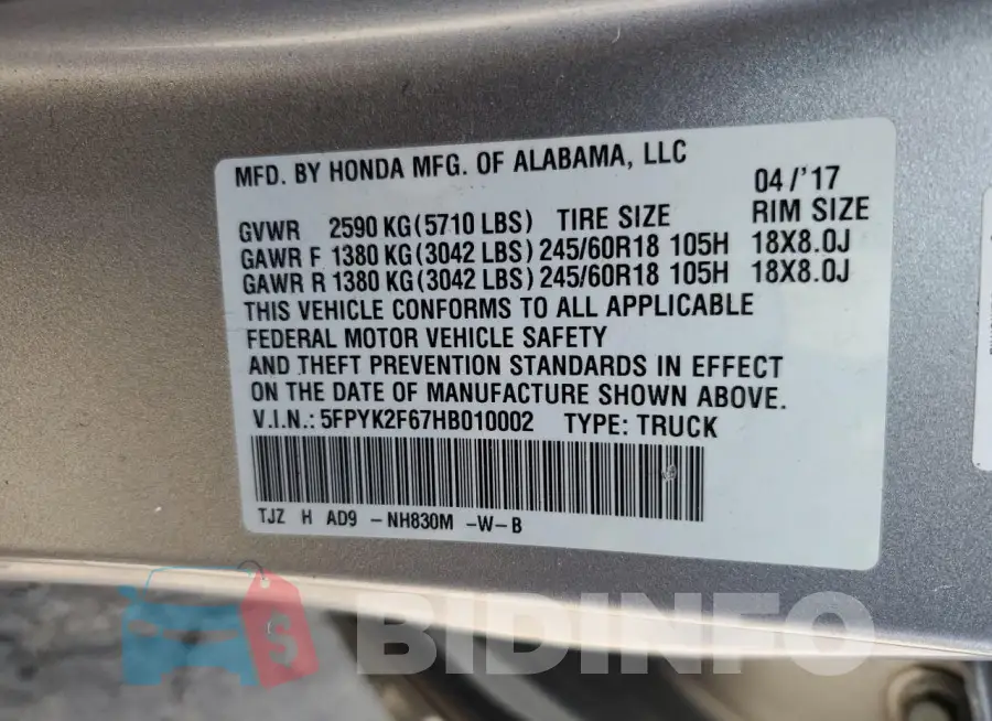 5FPYK2F67HB010002 Photo# 12