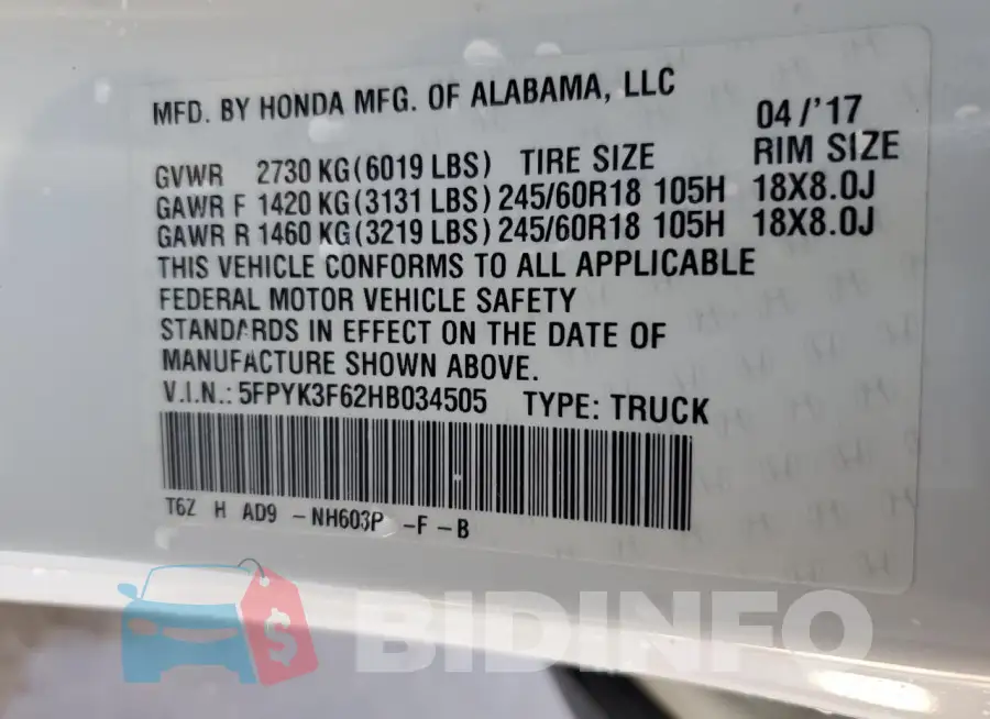 5FPYK3F62HB034505 Photo# 12
