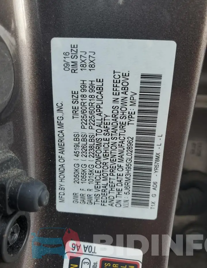 5J6RM3H95GL028962 Photo# 13