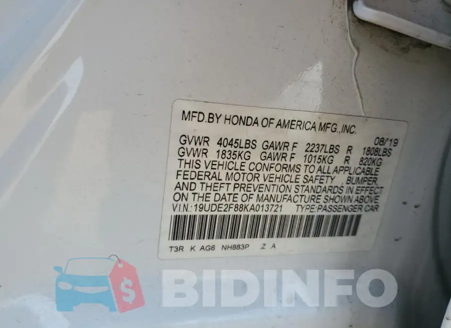 19UDE2F88KA013721 Photo# 13