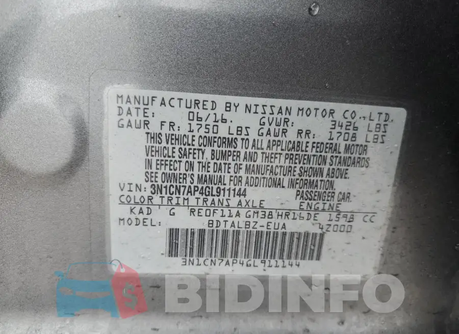 3N1CN7AP4GL911144 Photo# 12