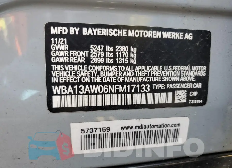 WBA13AW06NFM17133 Photo# 13