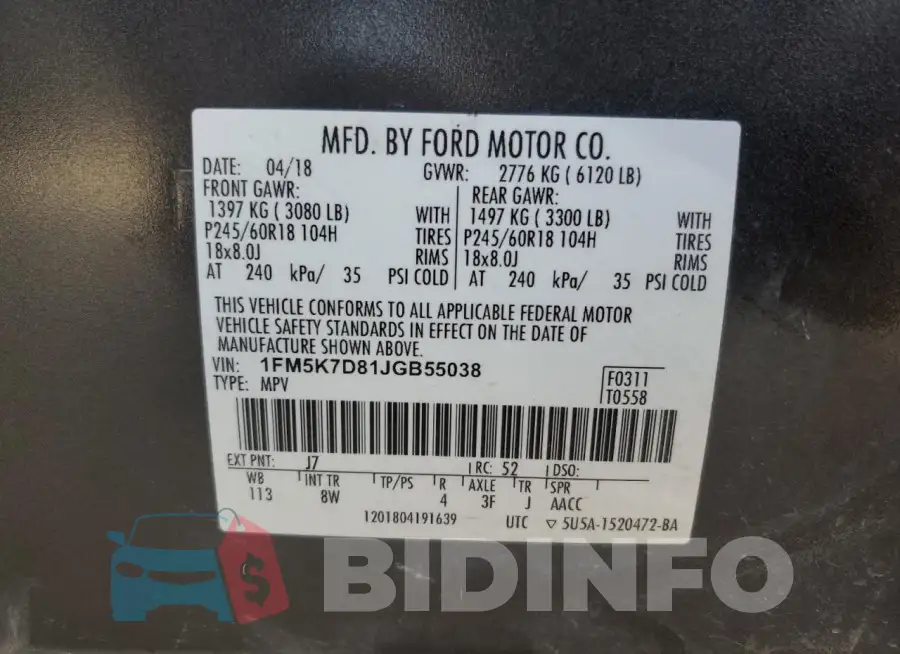 1FM5K7D81JGB55038 Photo# 14