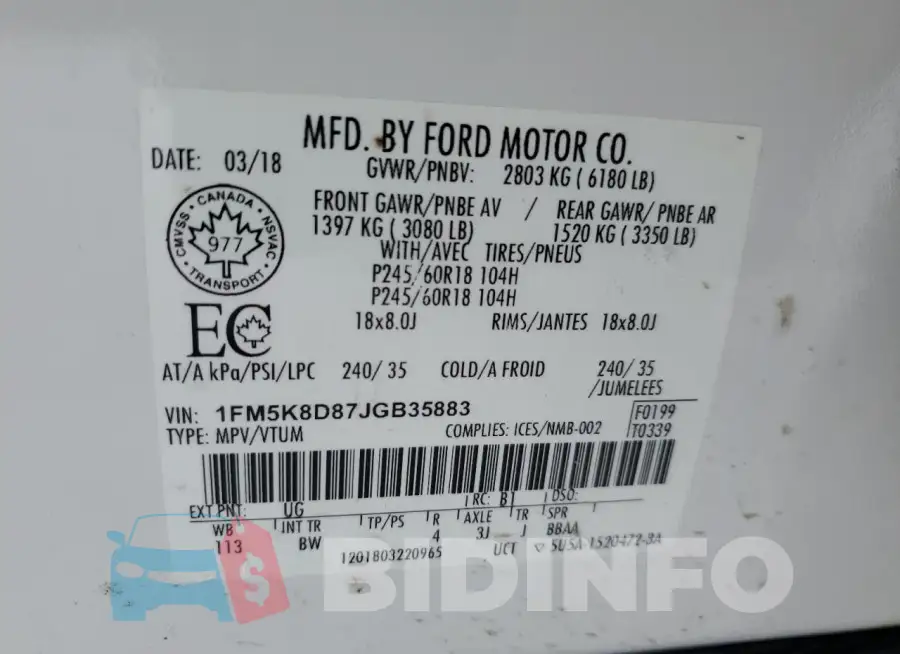1FM5K8D87JGB35883 Photo# 14