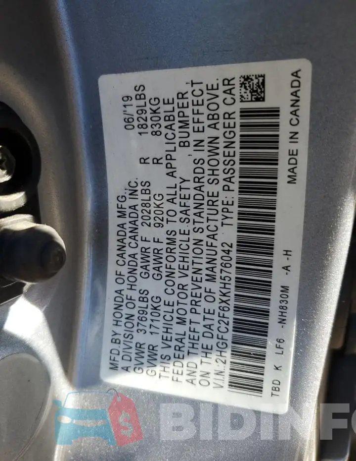2HGFC2F6XKH576042 Photo# 12