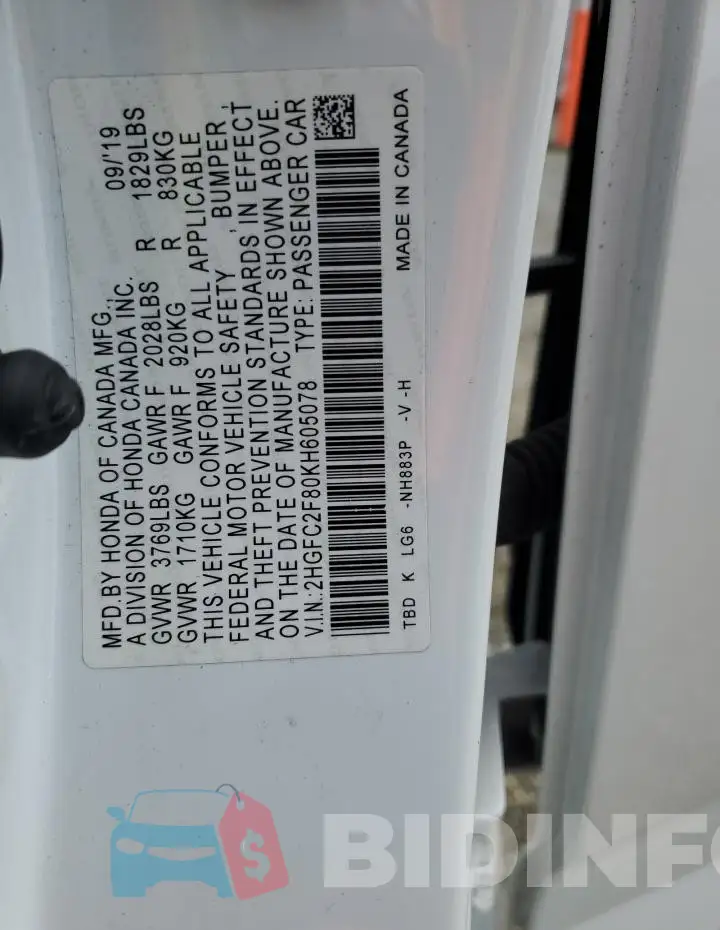 2HGFC2F80KH605078 Photo# 12