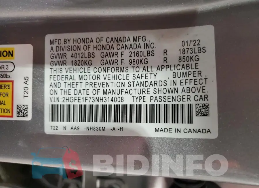 2HGFE1F73NH314008 Photo# 12