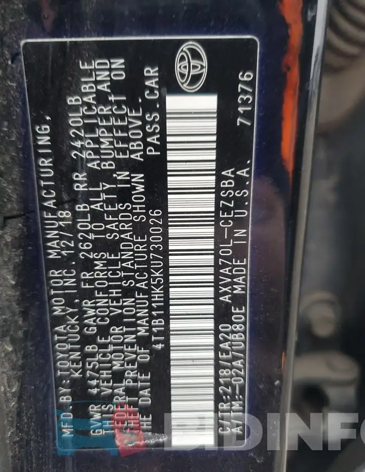 4T1B11HK5KU730026 Photo# 12