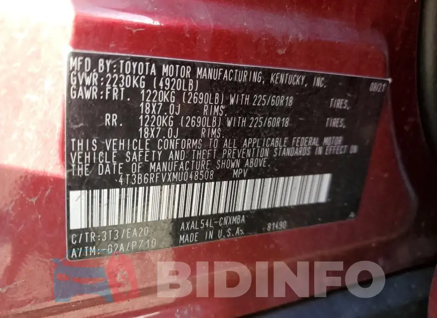 4T3B6RFVXMU048508 Photo# 13