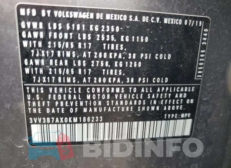 3VV3B7AX0KM186233 Photo# 14
