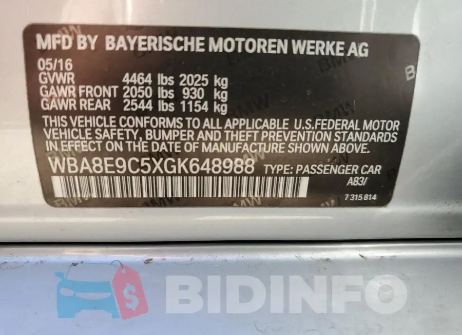 WBA8E9C5XGK648988 Photo# 12