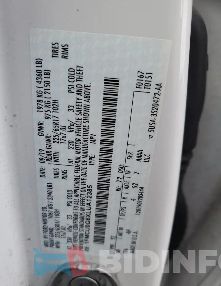 1FMCU0G6XLUA12385 Photo# 13