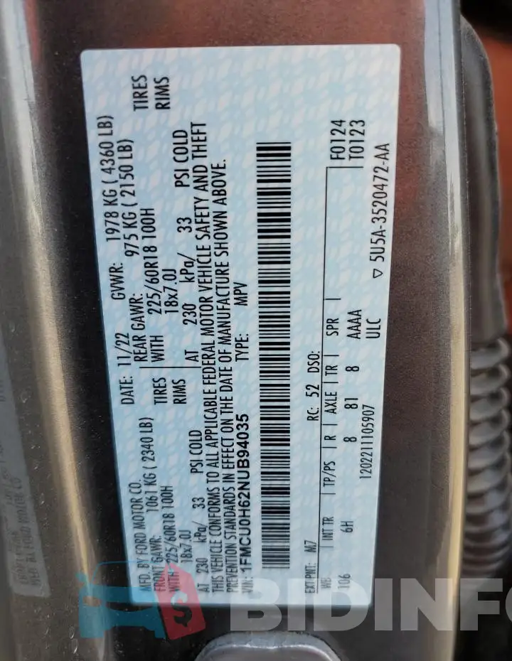 1FMCU0H62NUB94035 Photo# 14