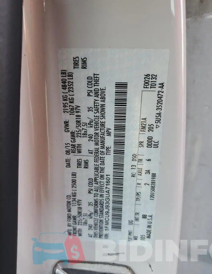 1FMCU9J93GUA71601 Photo# 14