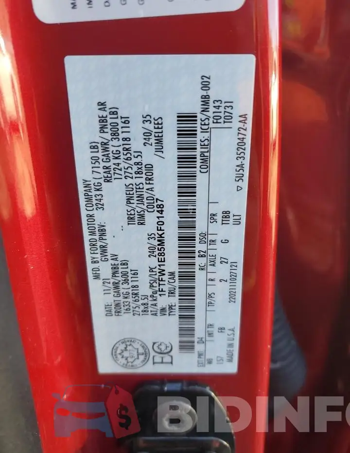 1FTFW1E85MKF01487 Photo# 12