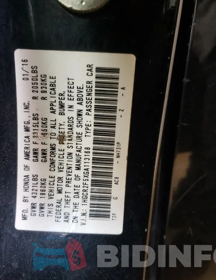 1HGCR2F5XGA113168 Photo# 12