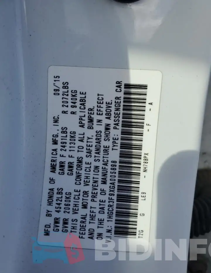 1HGCR3F9XGA005898 Photo# 12