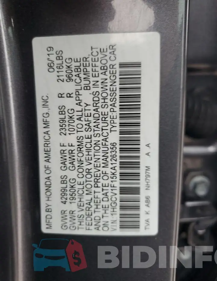 1HGCV1F15KA126356 Photo# 12