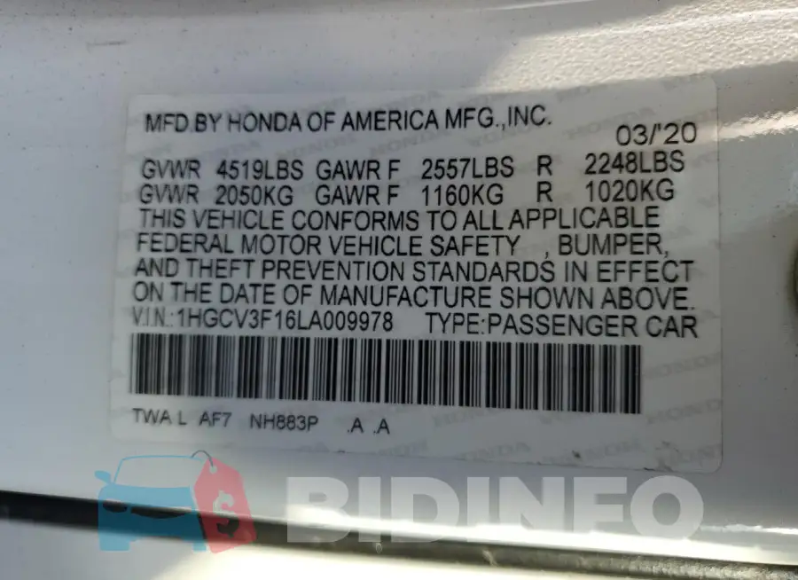 1HGCV3F16LA009978 Photo# 12