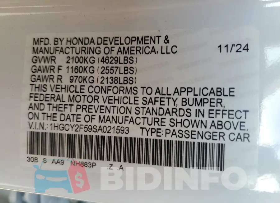 1HGCY2F59SA021593 Photo# 12