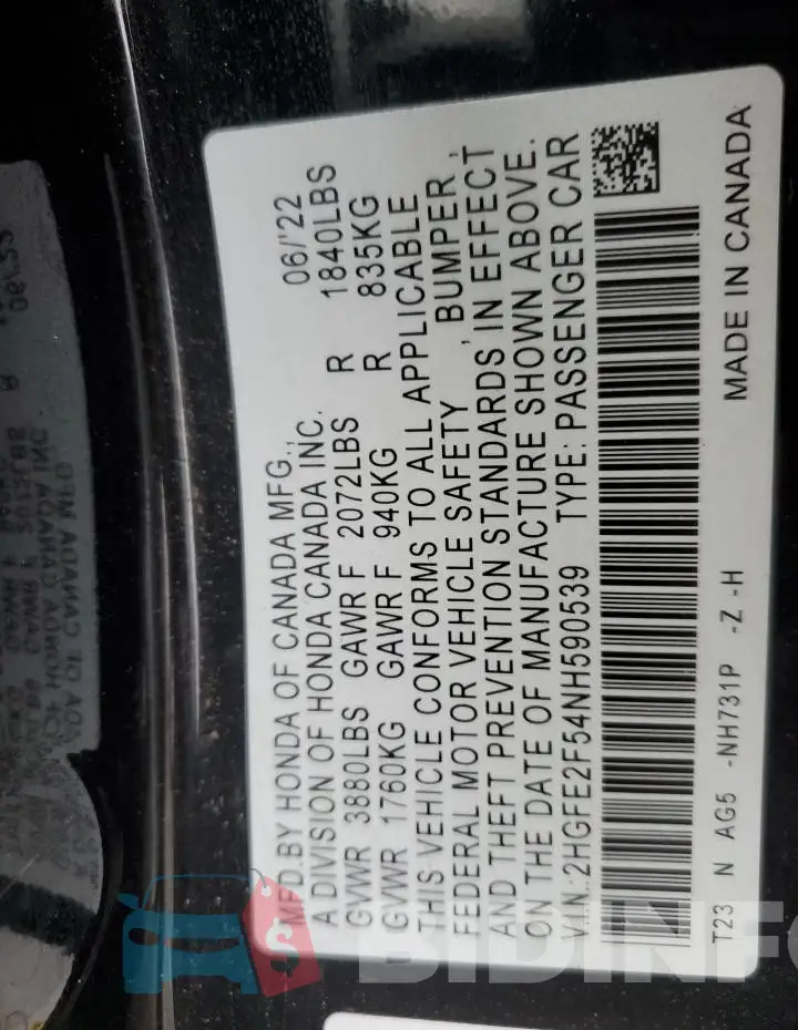 2HGFE2F54NH590539 Photo# 12