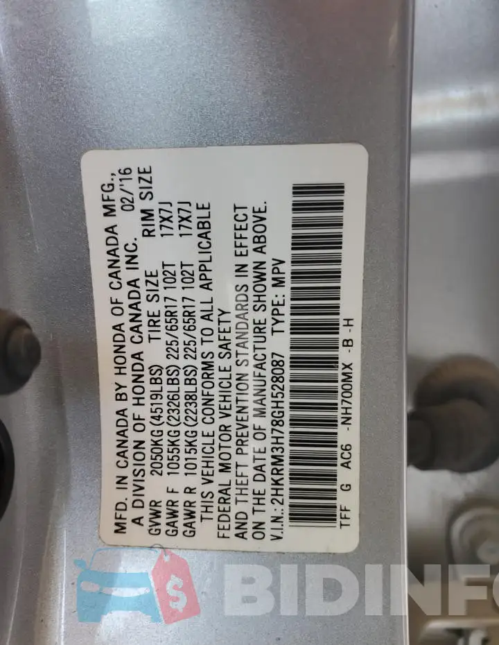2HKRM3H78GH528087 Photo# 13