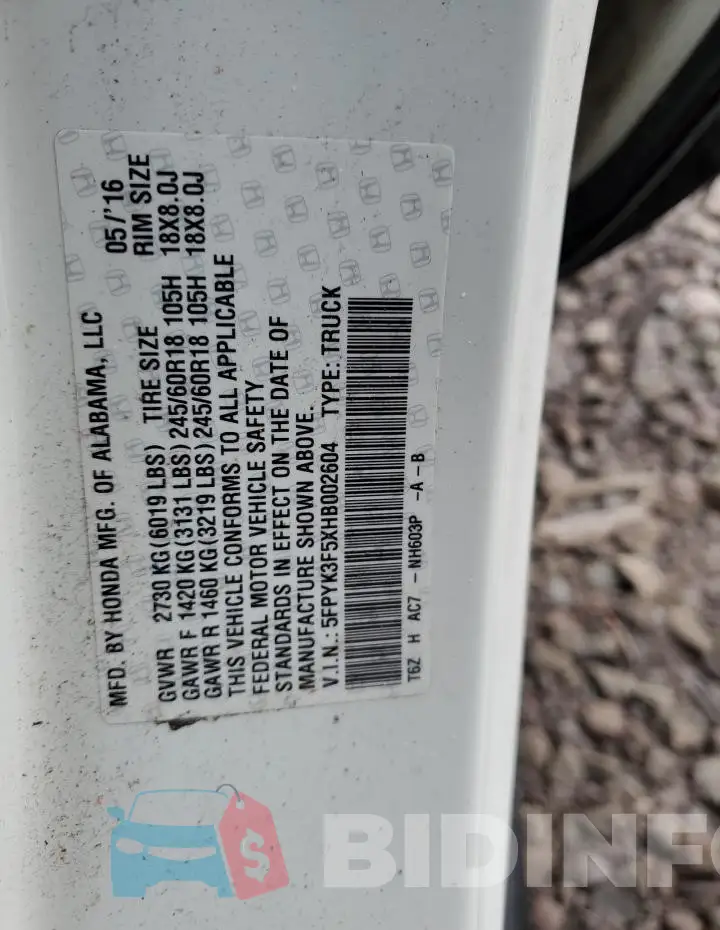 5FPYK3F5XHB002604 Photo# 12