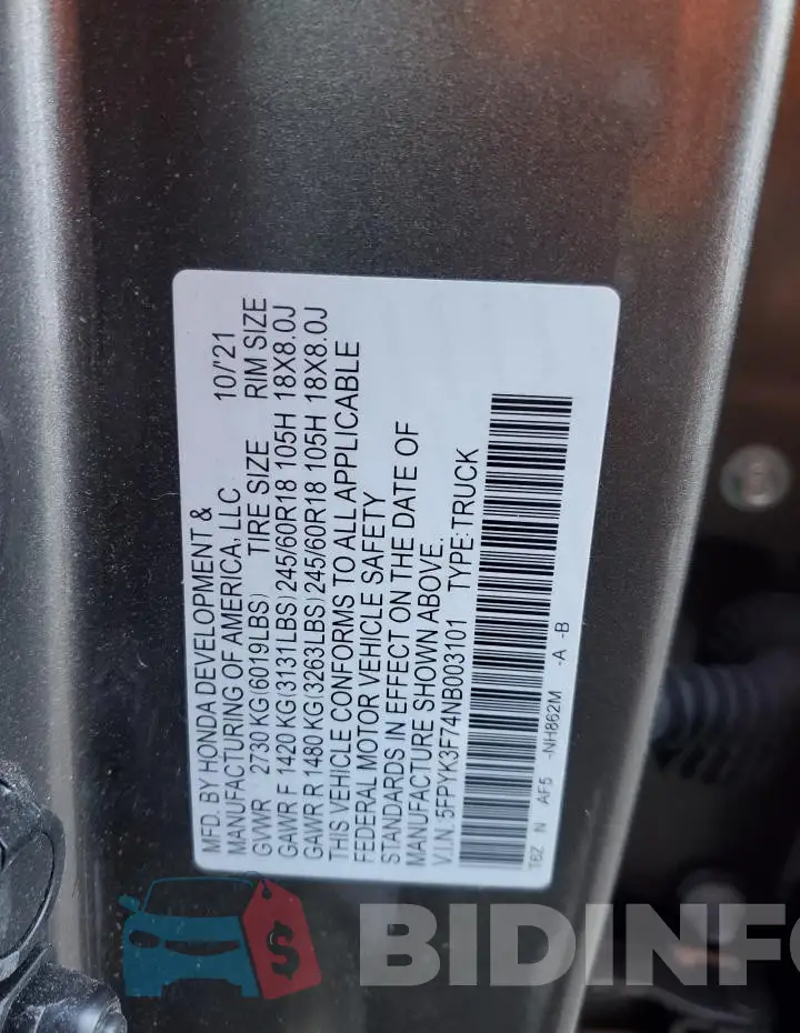 5FPYK3F74NB003101 Photo# 13