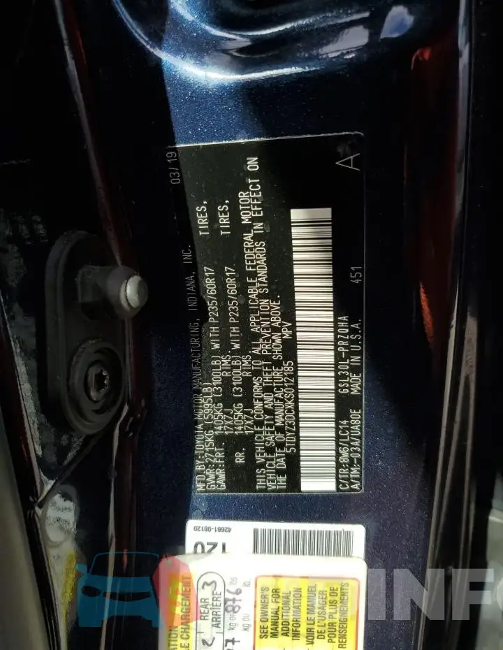 5TDYZ3DCXKS012185 Photo# 13