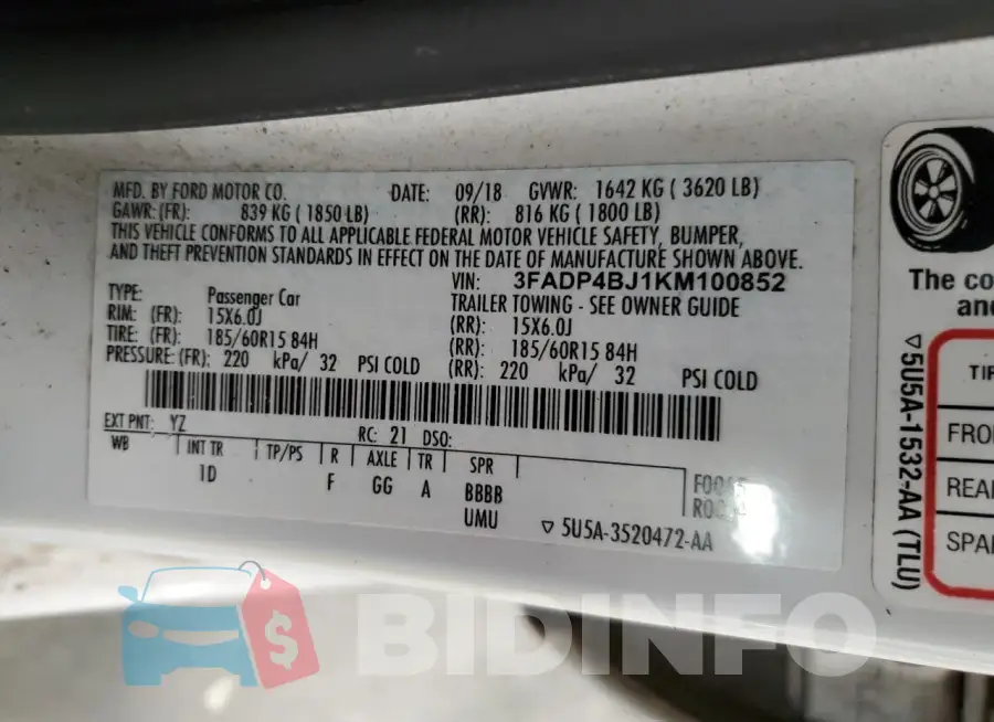 3FADP4BJ1KM100852 Photo# 12