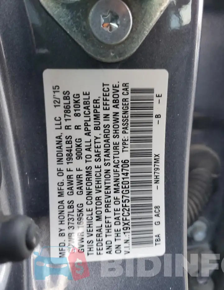 19XFC2F57GE014706 Photo# 12