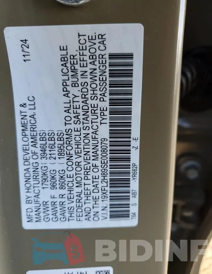 19XFL2H89SE008079 Photo# 12