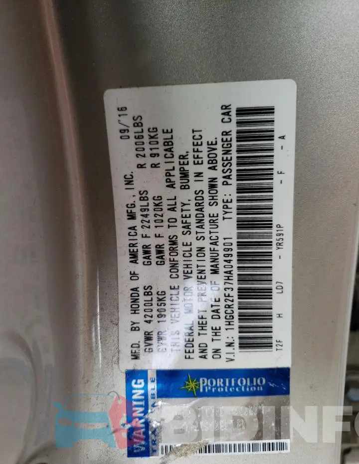 1HGCR2F37HA049901 Photo# 12