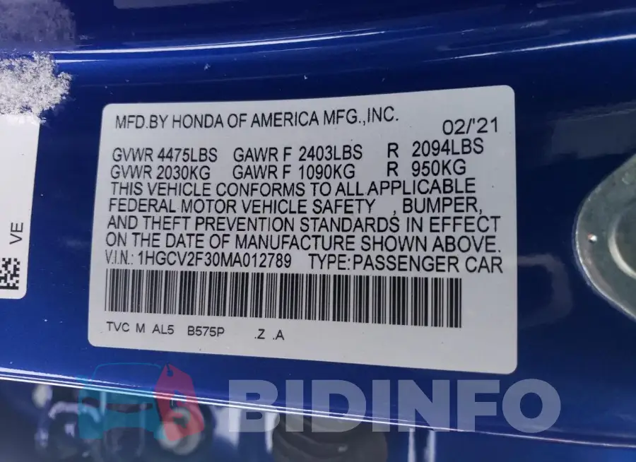1HGCV2F30MA012789 Photo# 13
