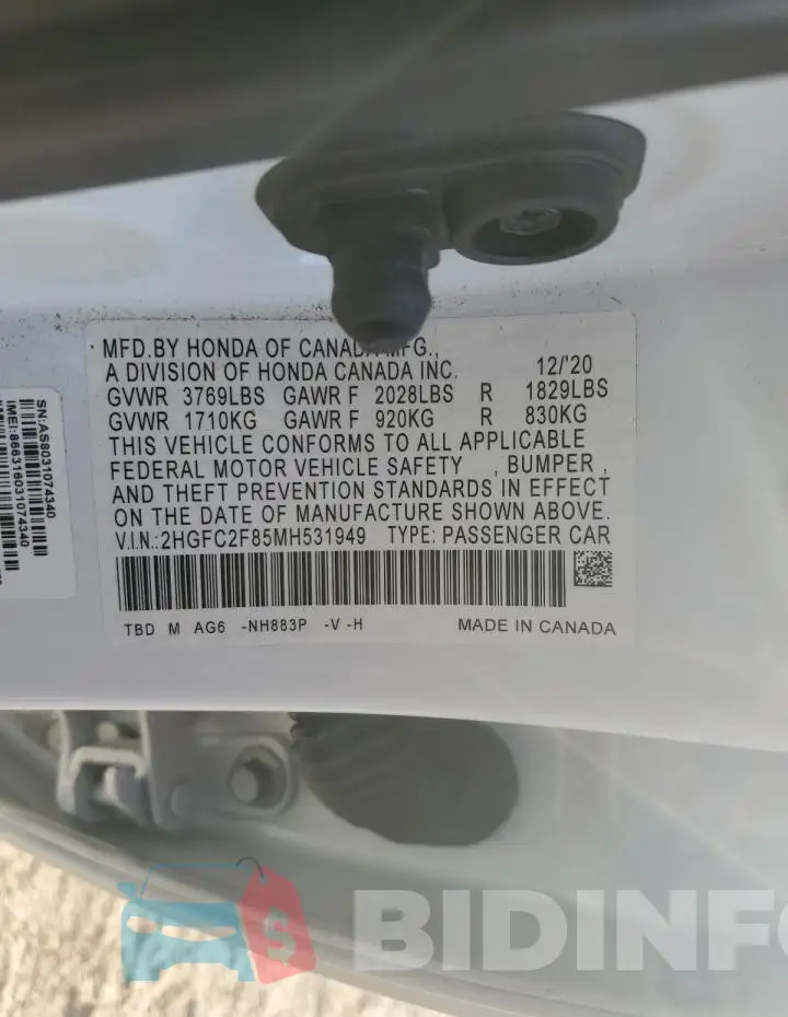 2HGFC2F85MH531949 Photo# 12