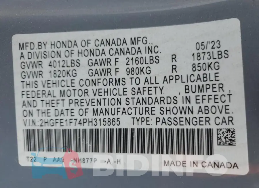 2HGFE1F74PH315865 Photo# 12