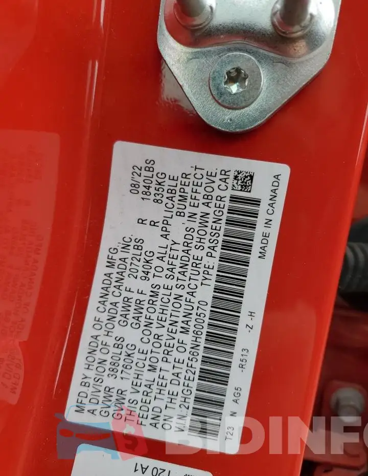 2HGFE2F56NH600570 Photo# 12