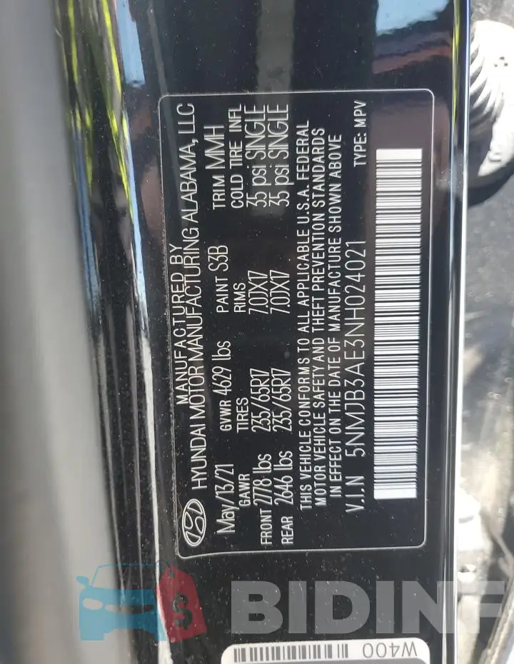 5NMJB3AE3NH024021 Photo# 13