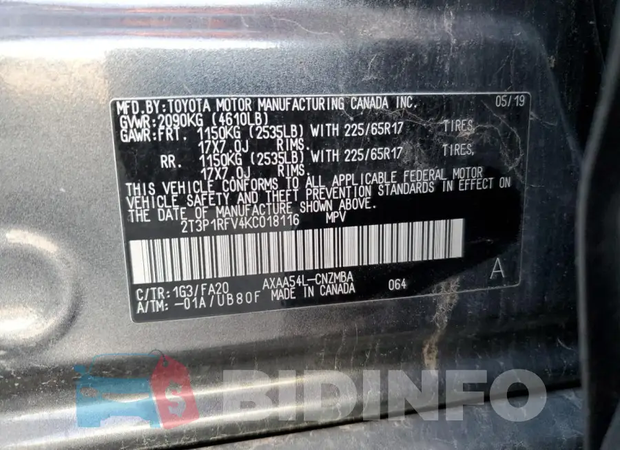 2T3P1RFV4KC018116 Photo# 13