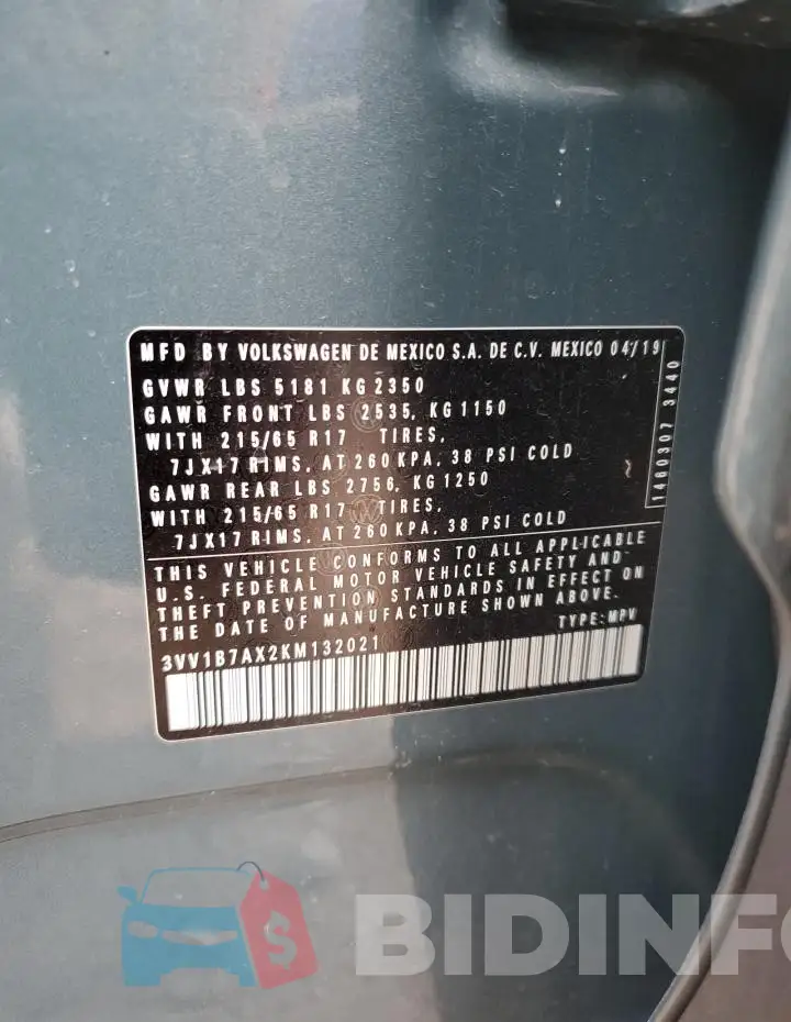 3VV1B7AX2KM132021 Photo# 13