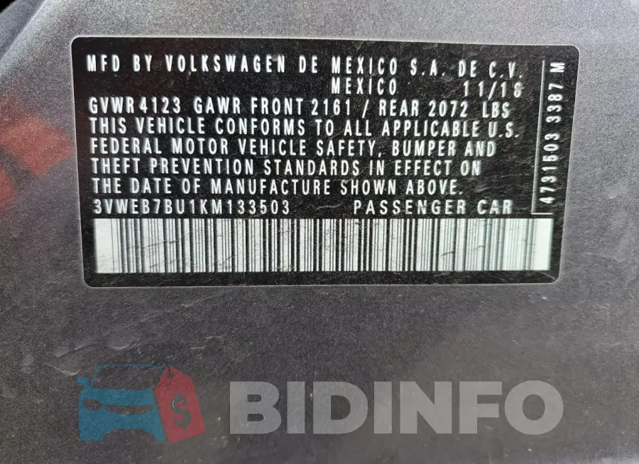 3VWEB7BU1KM133503 Photo# 12