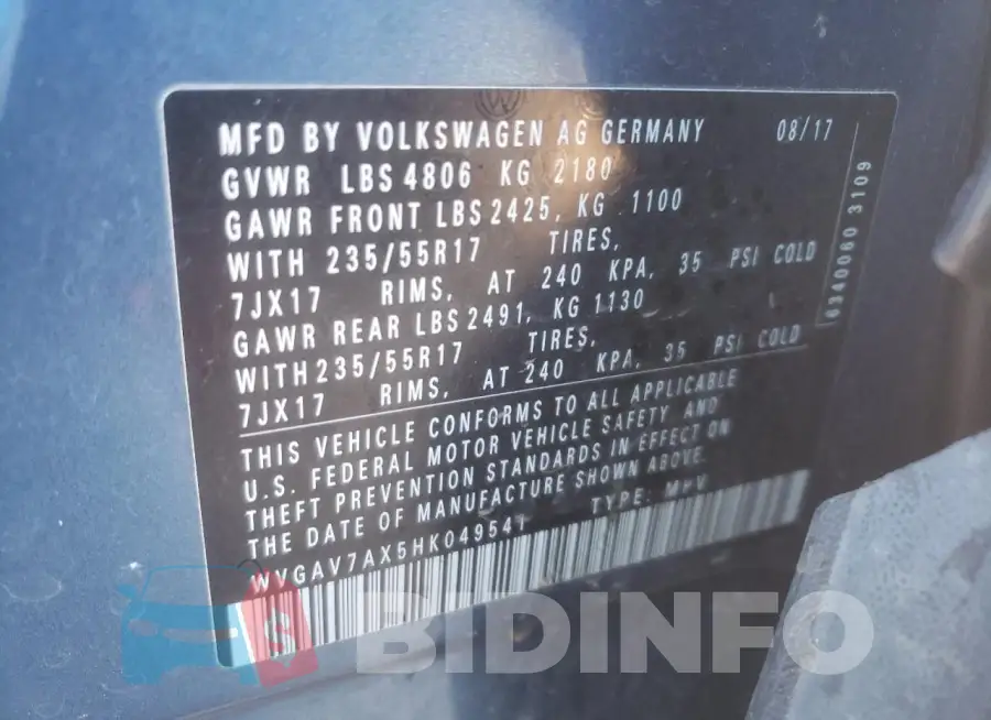 WVGAV7AX5HK049541 Photo# 13