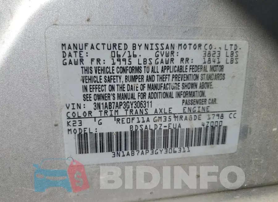 3N1AB7AP3GY306311 Photo# 12