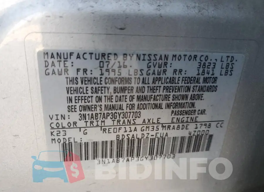 3N1AB7AP3GY307703 Photo# 12